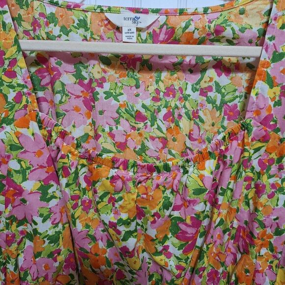 Terra & Sky Womens Size 2X 20/22W Dress Smocked Torso Floral Print 100% Cotton - Picture 4 of 12